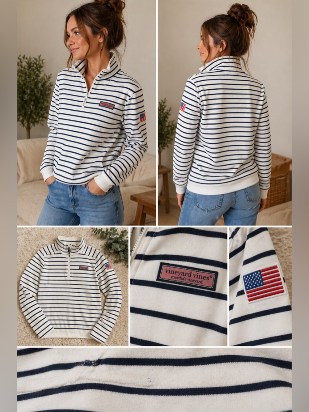 Vineyard Vines Striped Quarter Zip Pullover Navy White Preppy Small